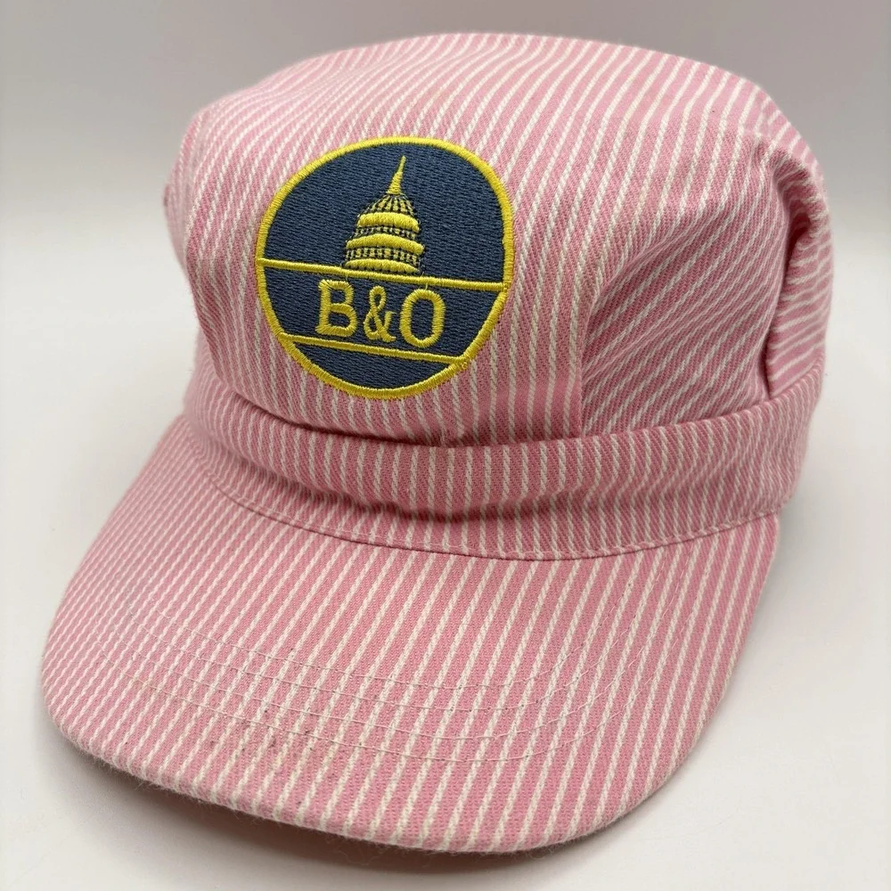 B&O Railroad Womens Hat Engineer Pink Striped Embroider Adjustable Snapback Cap